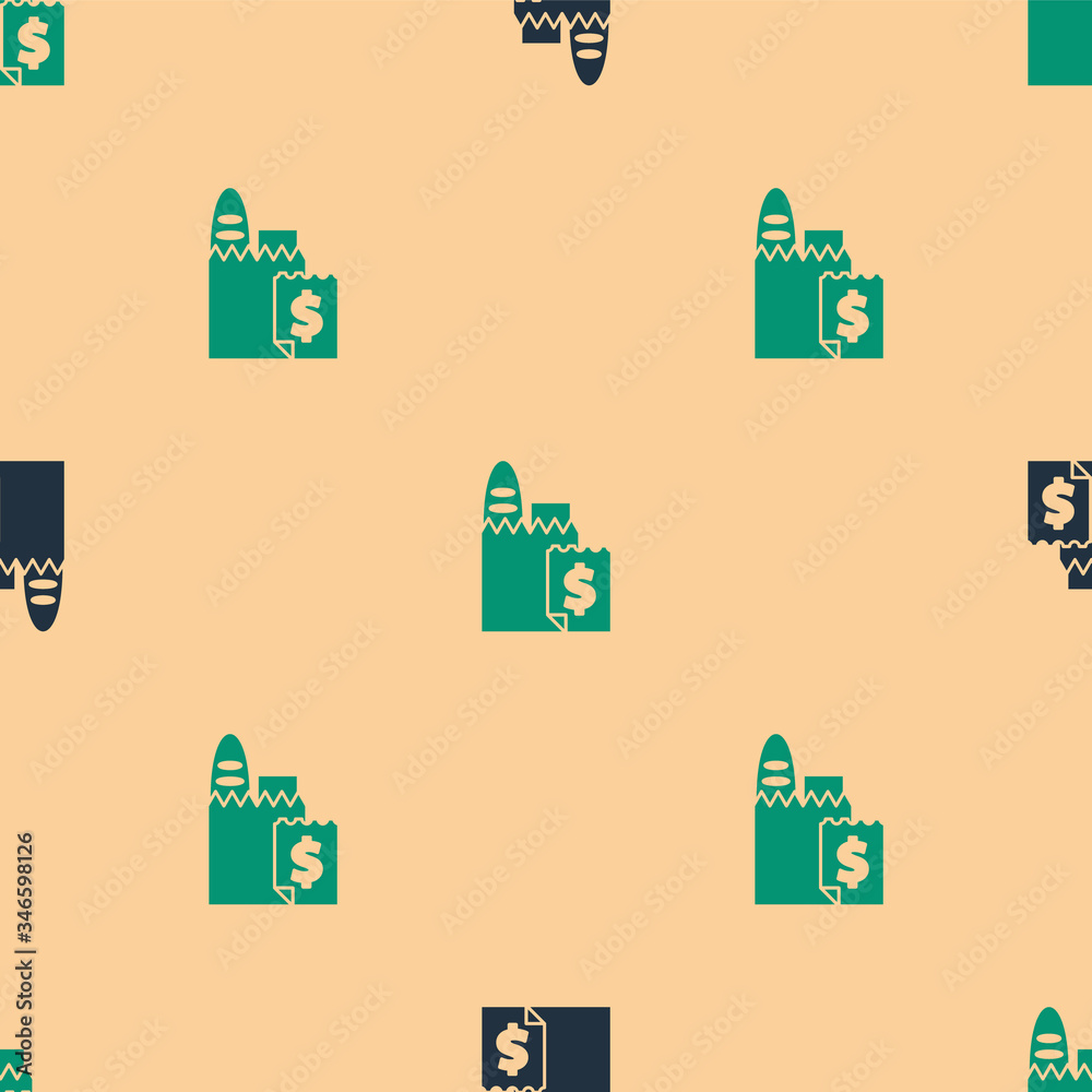 Green and black Online ordering and fast food delivery icon isolated seamless pattern on beige backg