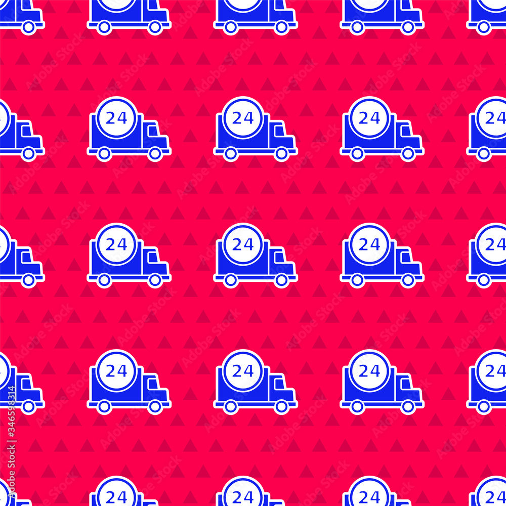 Blue Fast round the clock delivery by car icon isolated seamless pattern on red background.  Vector 