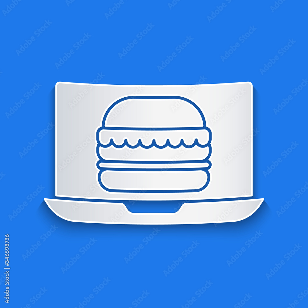 Paper cut Online ordering and burger delivery icon isolated on blue background. Paper art style. Vec