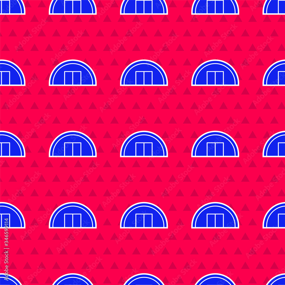 Blue Warehouse icon isolated seamless pattern on red background.  Vector Illustration