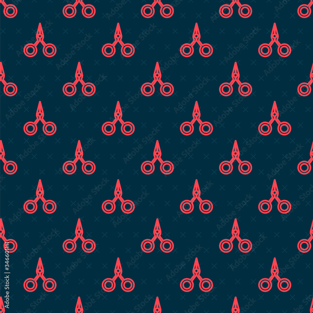 Red line Scissors icon isolated seamless pattern on black background. Cutting tool sign. Vector Illu