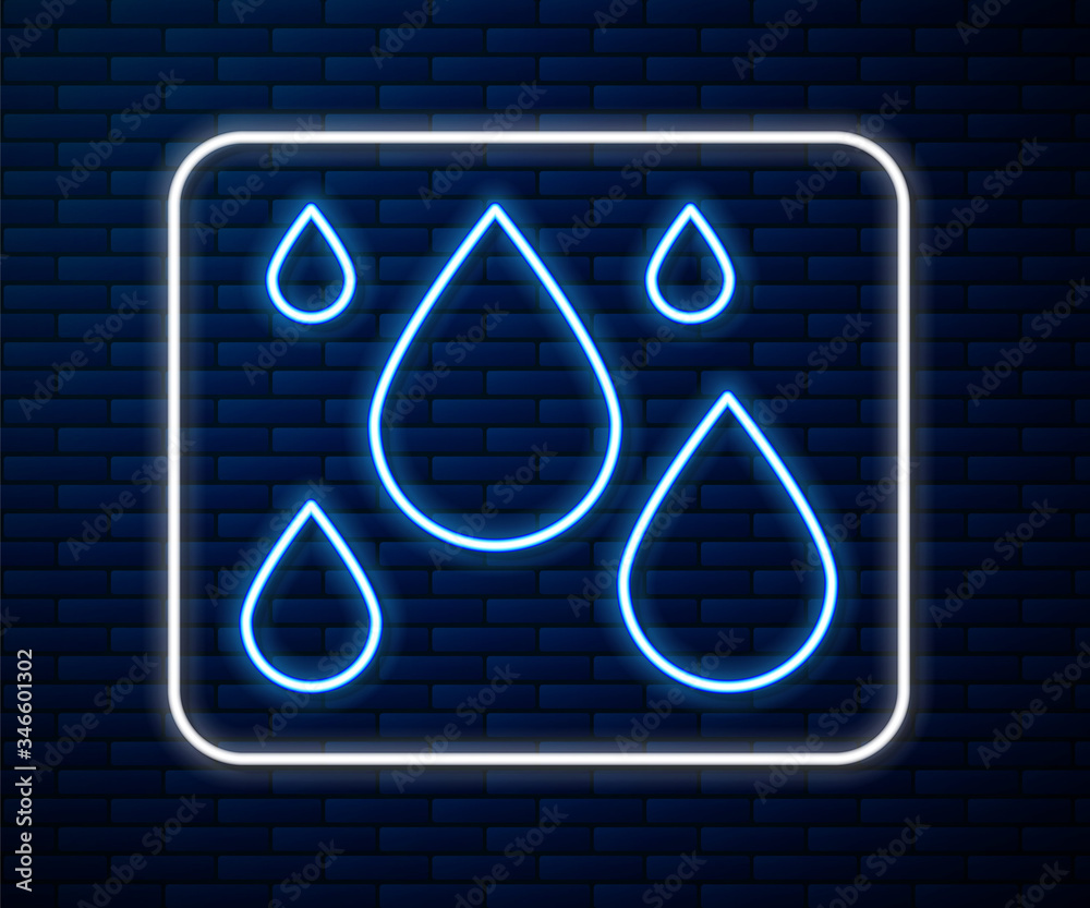 Glowing neon line Water drop icon isolated on brick wall background. Vector Illustration