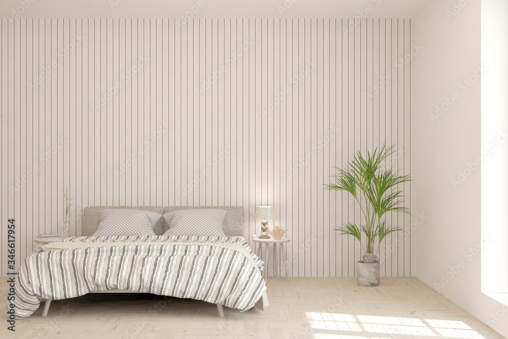 White bedroom interior. Scandinavian design. 3D illustration