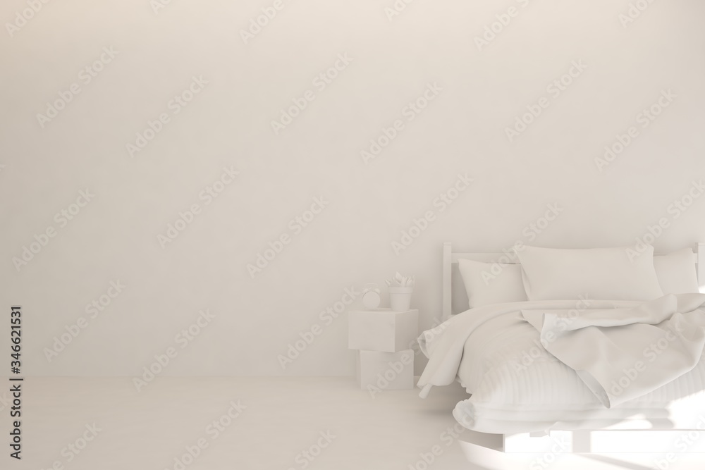 Modern bedroom in white color. Scandinavian interior design. 3D illustration