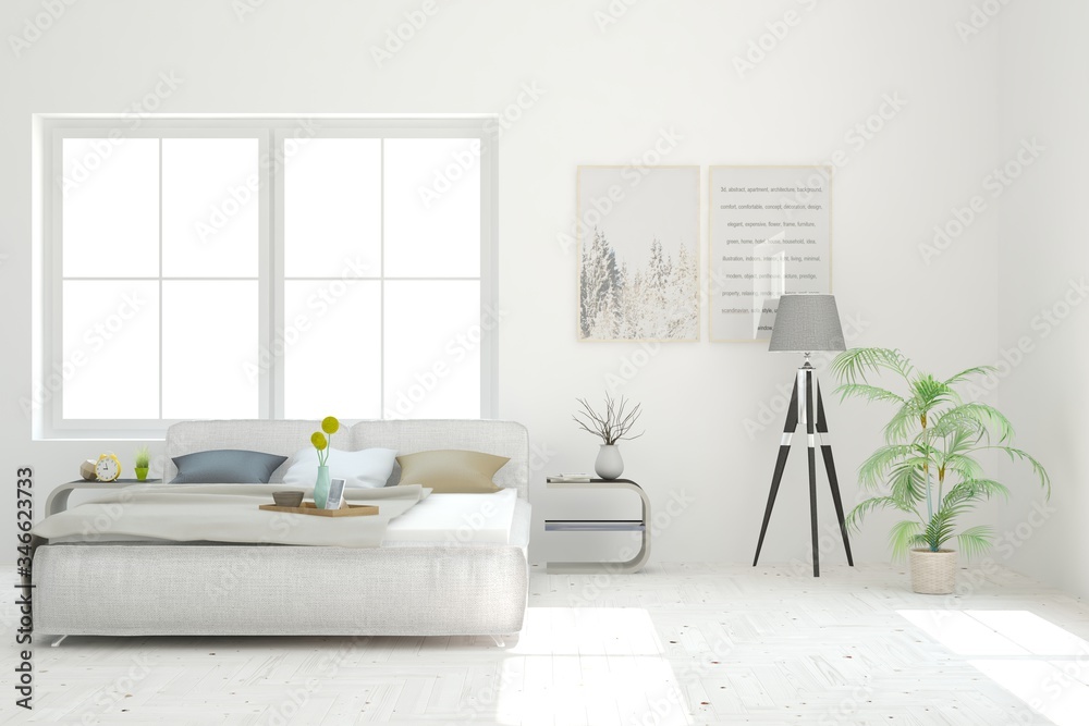 White bedroom interior. Scandinavian design. 3D illustration