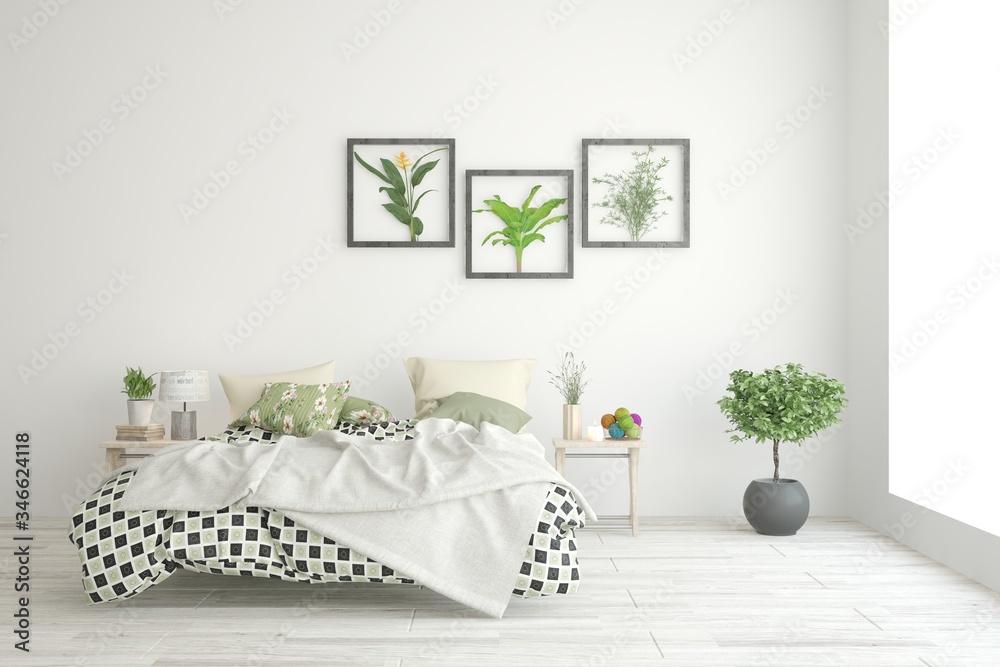 White bedroom interior. Scandinavian design. 3D illustration