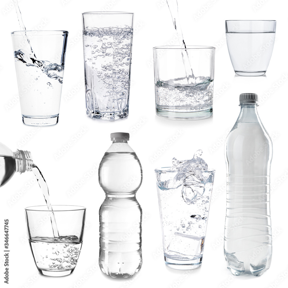 Collage with fresh water in glasses and bottles on white background