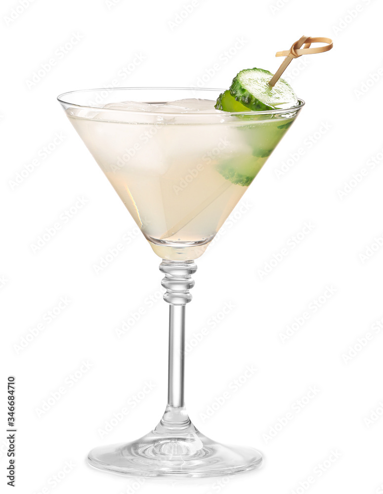 Glass of tasty cucumber martini on white background