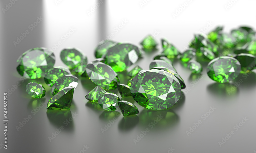 Green Emerald Diamond Group In Dark Background, 3d illustration.