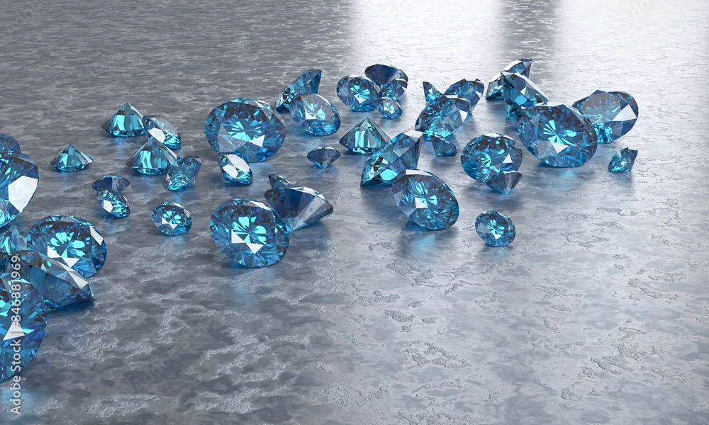 Blue diamonds placed on black background, 3D illustration.