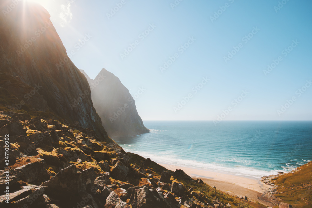 Kvalvika sandy beach in Norway sea and rocks landscape Lofoten islands nature beautiful travel desti