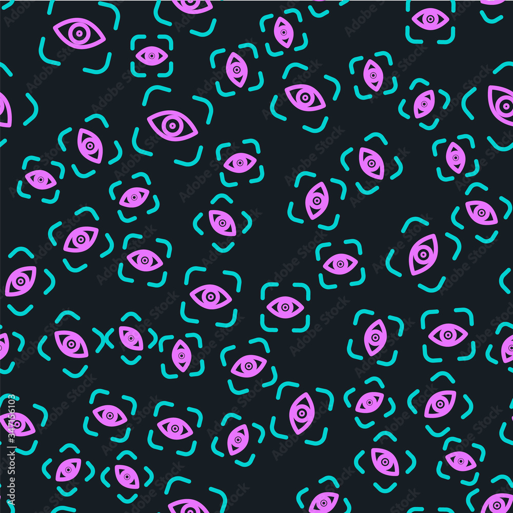 Line Eye scan icon isolated seamless pattern on black background. Scanning eye. Security check symbo