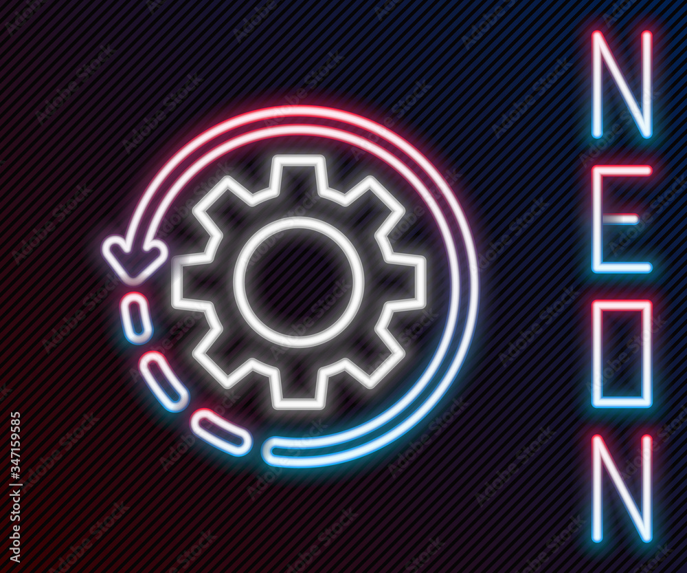 Glowing neon line Gear and arrows as workflow concept icon isolated on black background. Gear reload