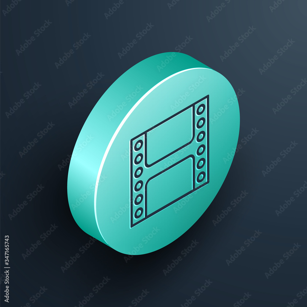 Isometric line Play Video icon isolated on black background. Film strip sign. Turquoise circle butto