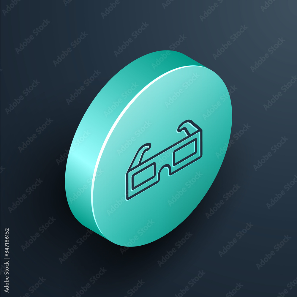 Isometric line 3D cinema glasses icon isolated on black background. Turquoise circle button. Vector 