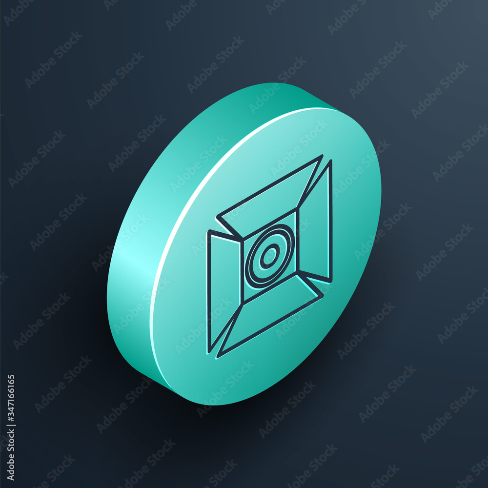 Isometric line Movie spotlight icon isolated on black background. Light Effect. Scene, Studio, Show.