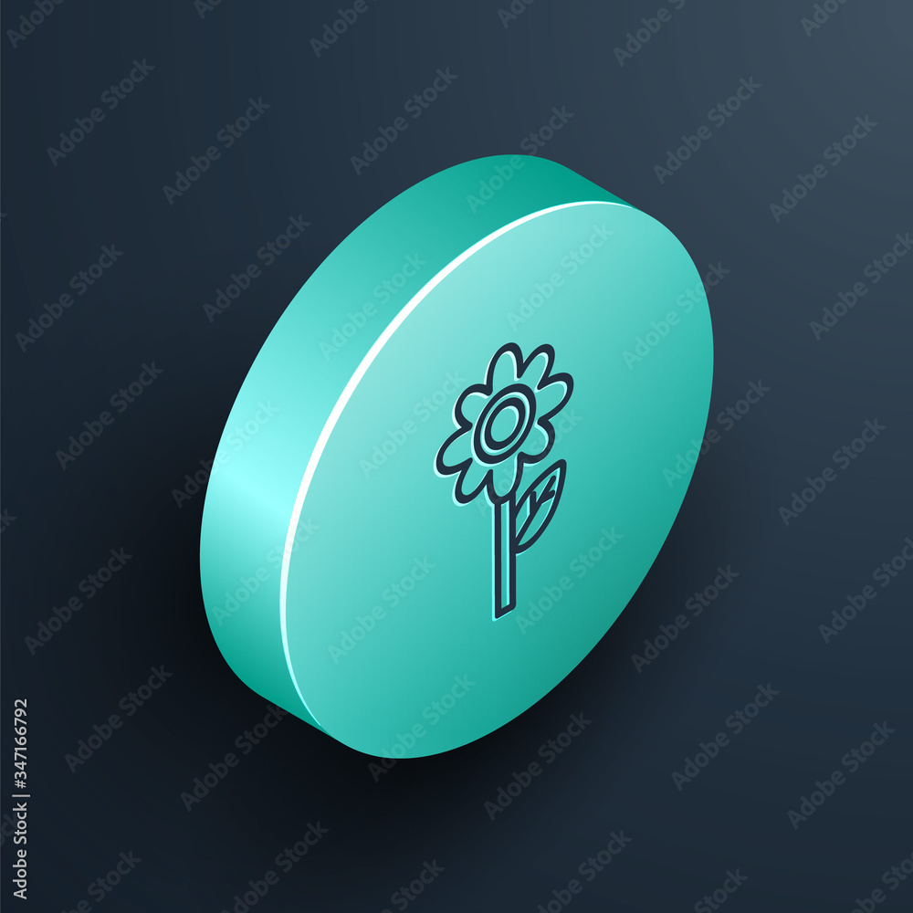 Isometric line Flower icon isolated on black background. Turquoise circle button. Vector Illustratio