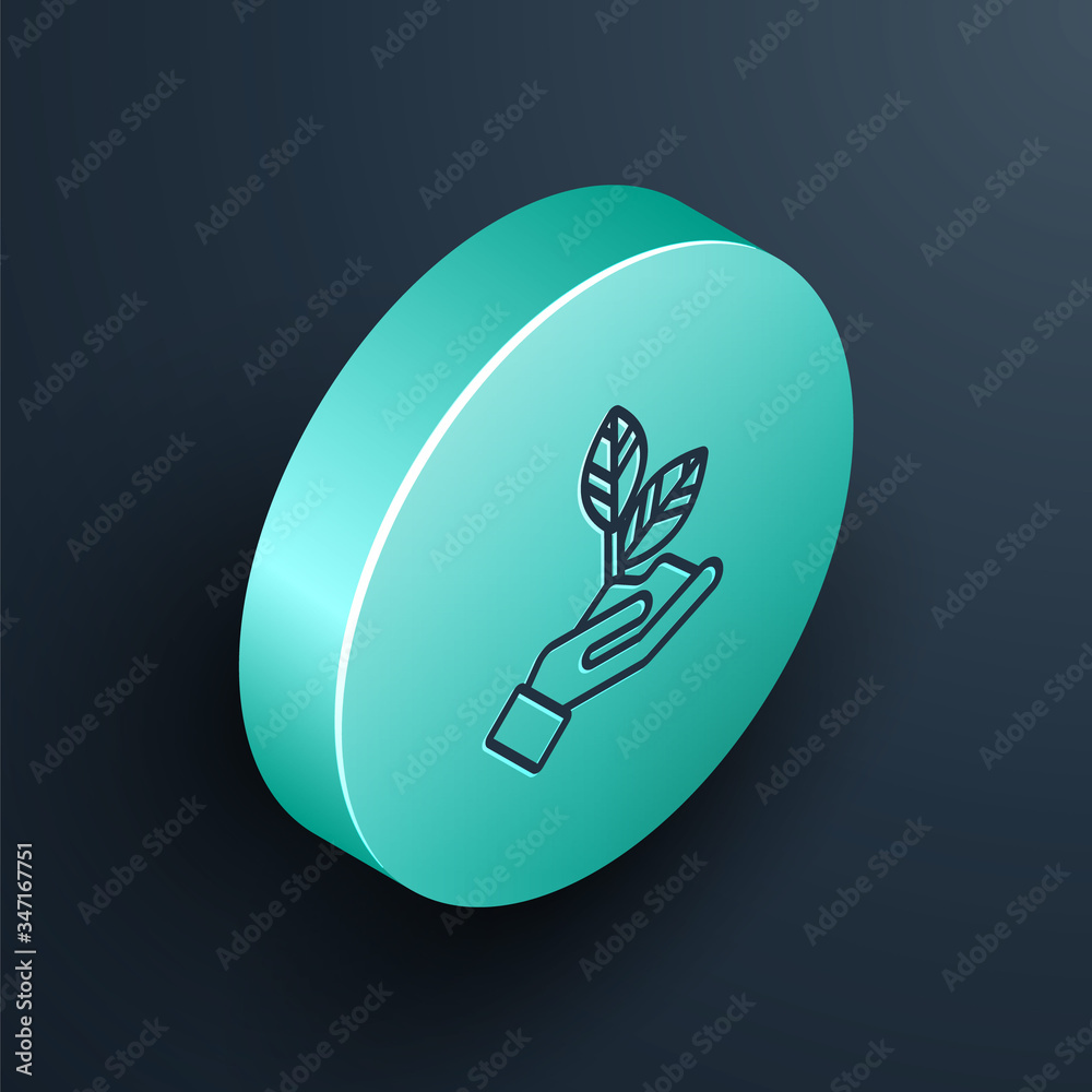 Isometric line Plant in hand of environmental protection icon isolated on black background. Seed and