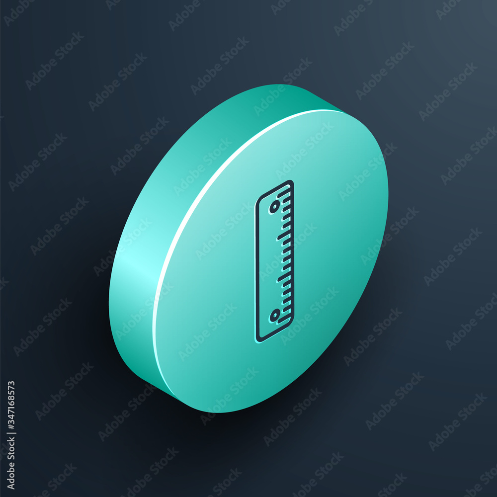 Isometric line Ruler icon isolated on black background. Straightedge symbol. Turquoise circle button