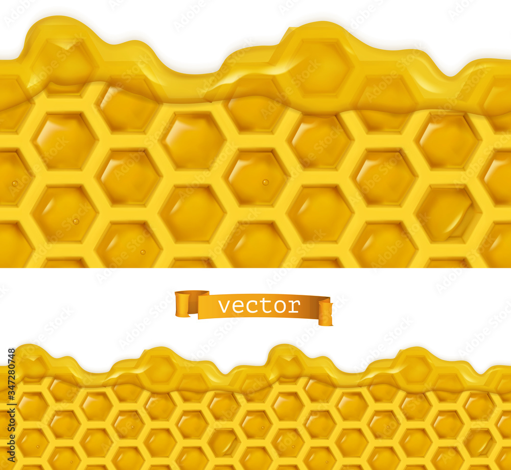 Honey and honeycombs. 3d realistic vector seamless pattern. Food illustration