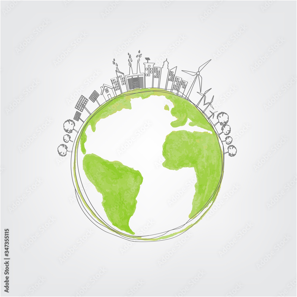 Ecology concept with green city for world environment day and sustainable development concept, vecto