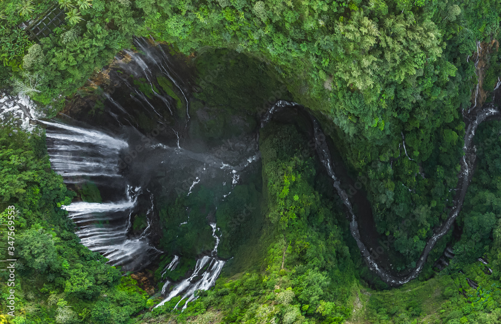 Aerial view of Tumpak Sewu waterfall in east java, Lumajang, Indonesia.