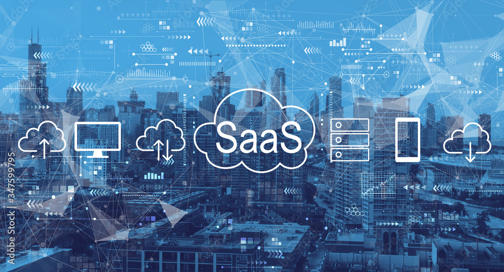 SaaS——芝加哥市中心城市景观摩天大楼的软件即服务概念