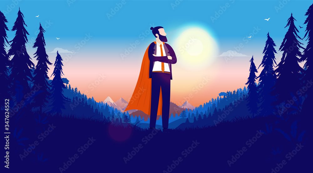 Superhero businessman - Corporate hipster man in red cape standing in nature landscape with sunrise 