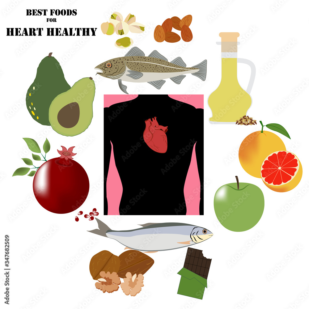 Best foods for heart healthy vector illustration