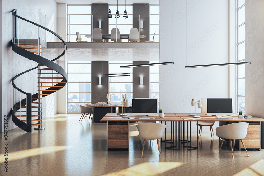 Contemporary coworking office interior with stairs