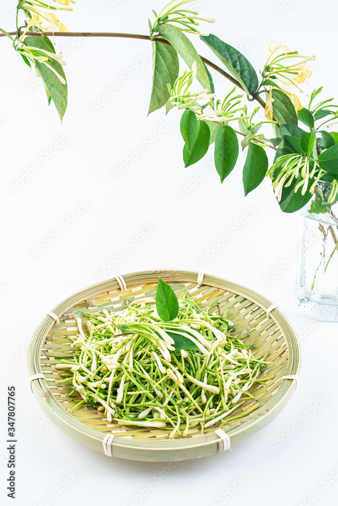 Bamboo sieve filled with fresh wild honeysuckle on white background