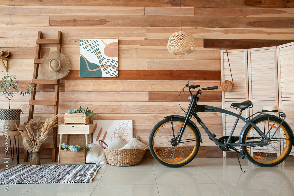 Interior of modern room with bicycle