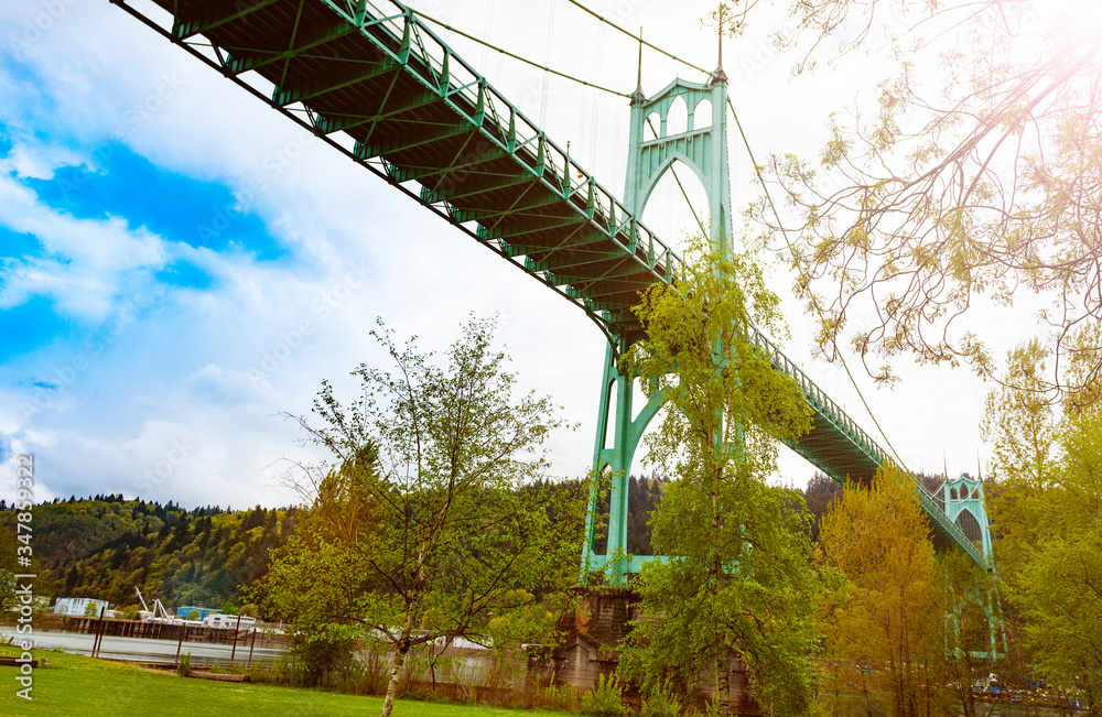 St. Johns Bridge, highest in Portland view from park below, Oregon USA