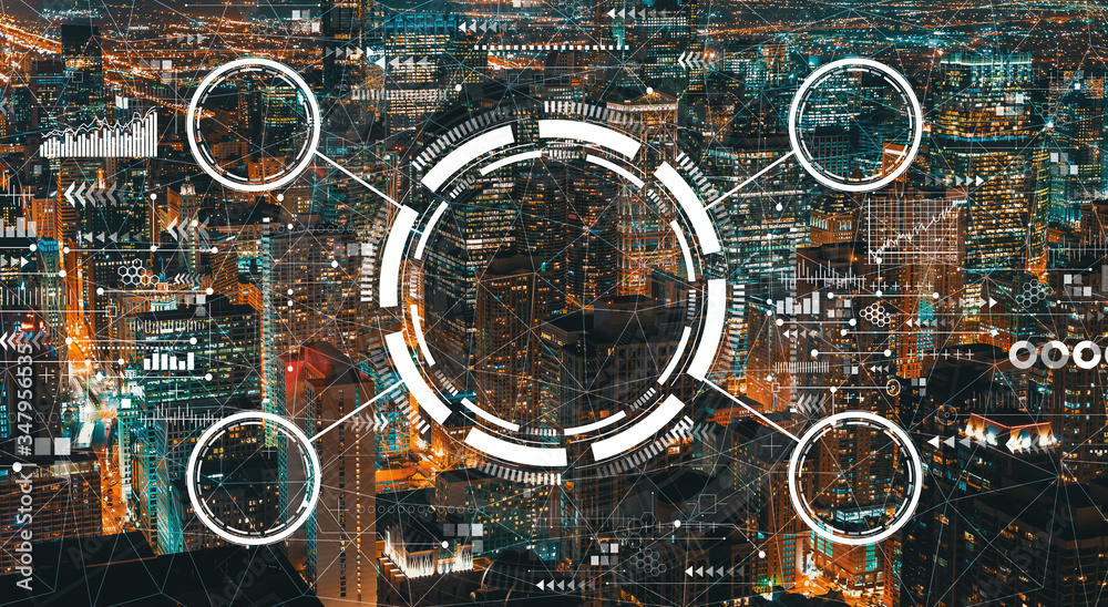 Tech circle with downtown Chicago cityscape skyscrapers