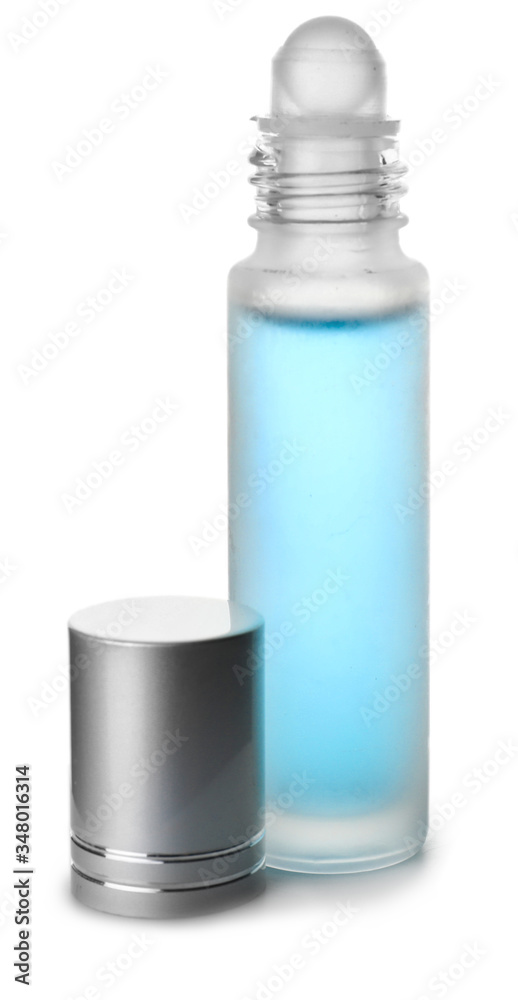 Bottle of roll-on perfume on white background