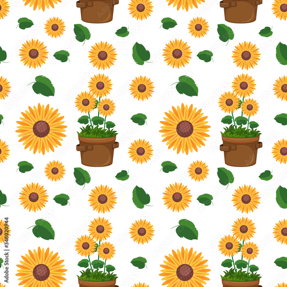 Seamless pattern with cute sunflowers and leaf