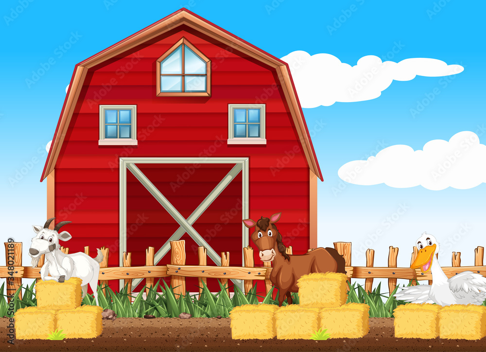 Farm scene with many animals by the barn