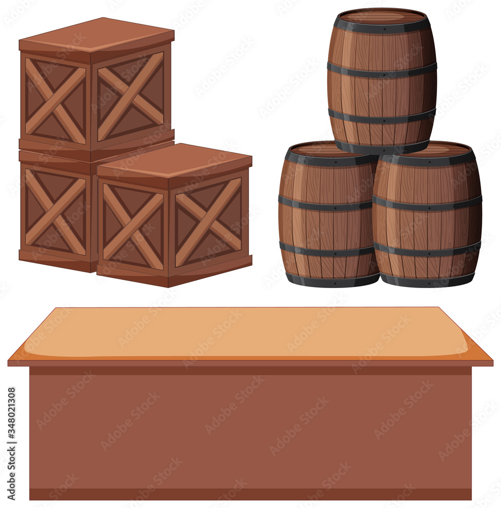 Set of boxes and barrels on white background