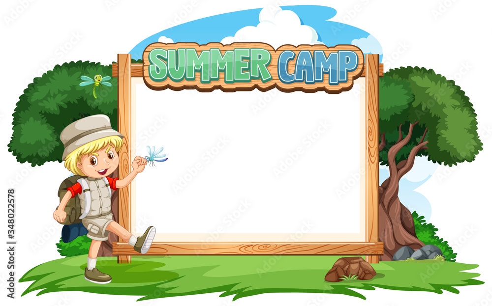 Border template design with boy at summer camp background