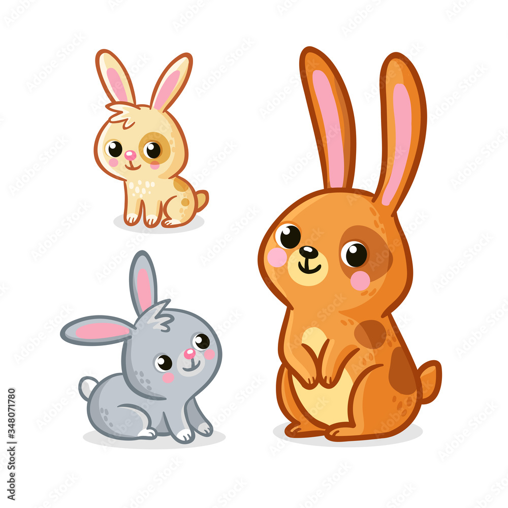 Vector illustration with collection of cute hares. Rabbits on a white background.