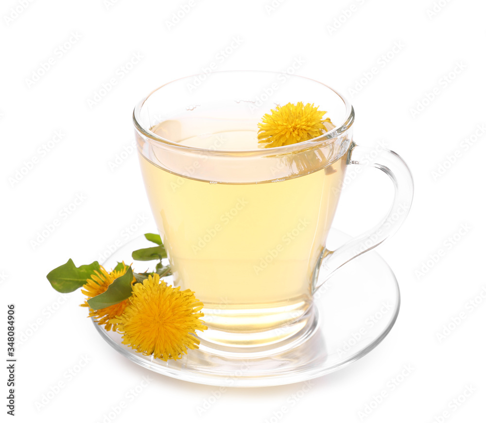 Cup of healthy dandelion tea on white background