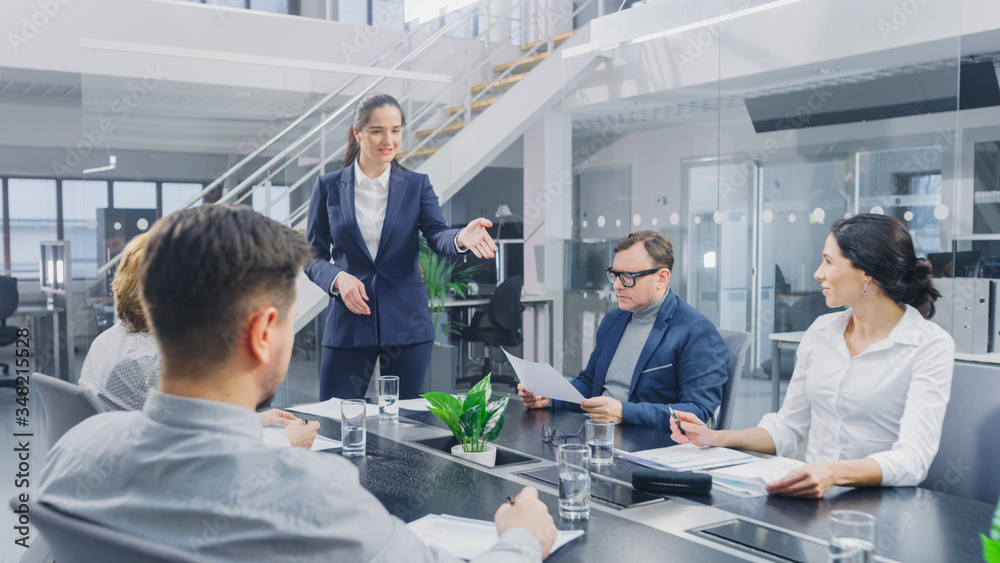 Corporate Meeting Room: Young and Ambitious Female Executive Director Delivers Speech About Company’