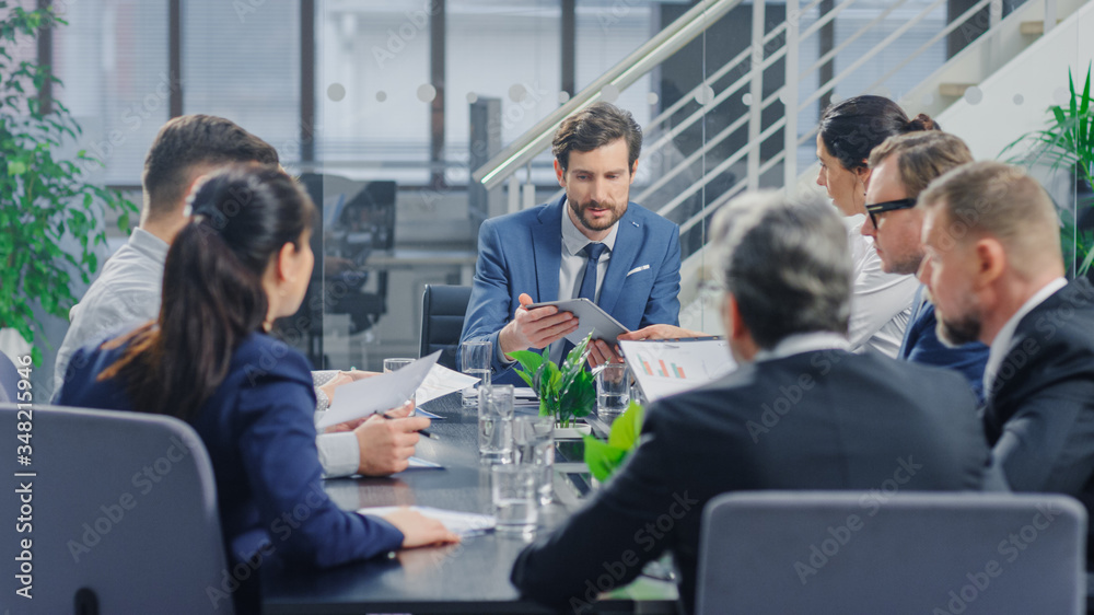 In the Modern Corporate Office Meeting Room: Diverse Group of Businesspeople, Lawyers, Executives an