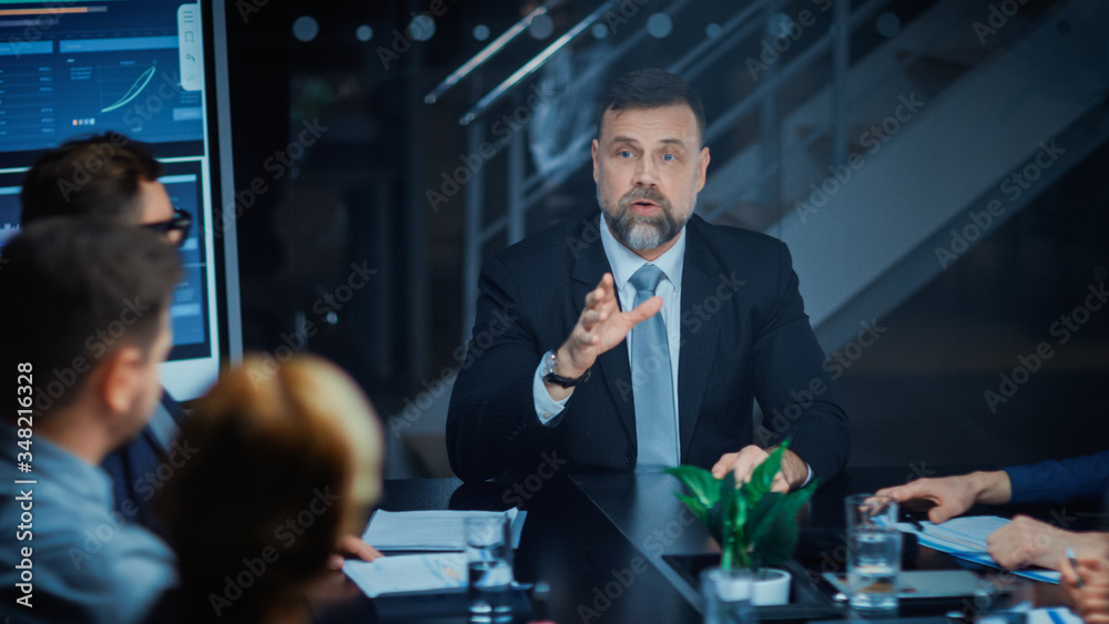  Corporate Meeting Room: Sitting at the Conference Table Charismatic Director Talks Enthusiastically