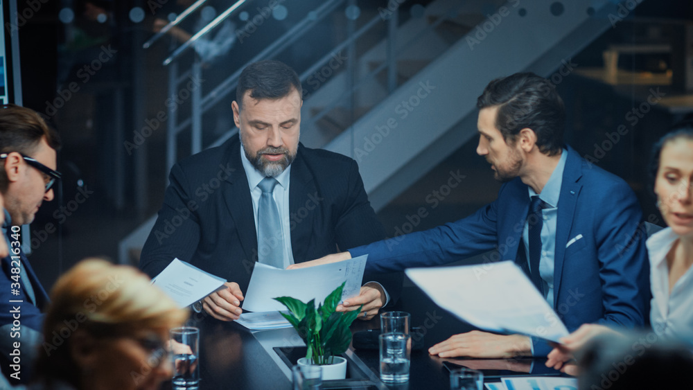  Corporate Meeting Room: Sitting at the Conference Table Charismatic Director Talks Enthusiastically