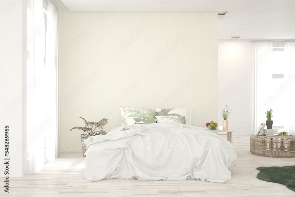 White bedroom interior. Scandinavian design. 3D illustration