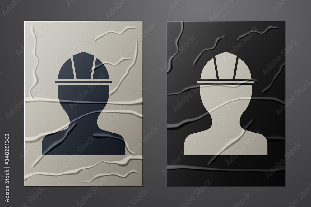 White Worker safety helmet icon isolated on crumpled paper background. Paper art style. Vector