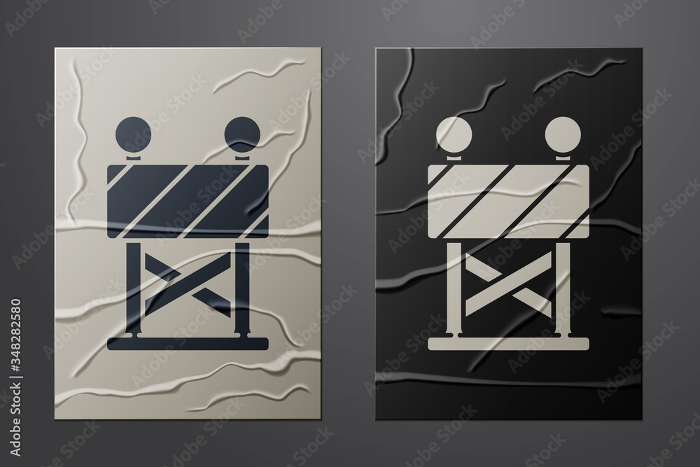 White Road barrier icon isolated on crumpled paper background. Symbol of restricted area which are i