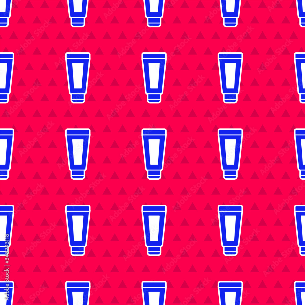 Blue Cream or lotion cosmetic tube icon isolated seamless pattern on red background. Body care produ