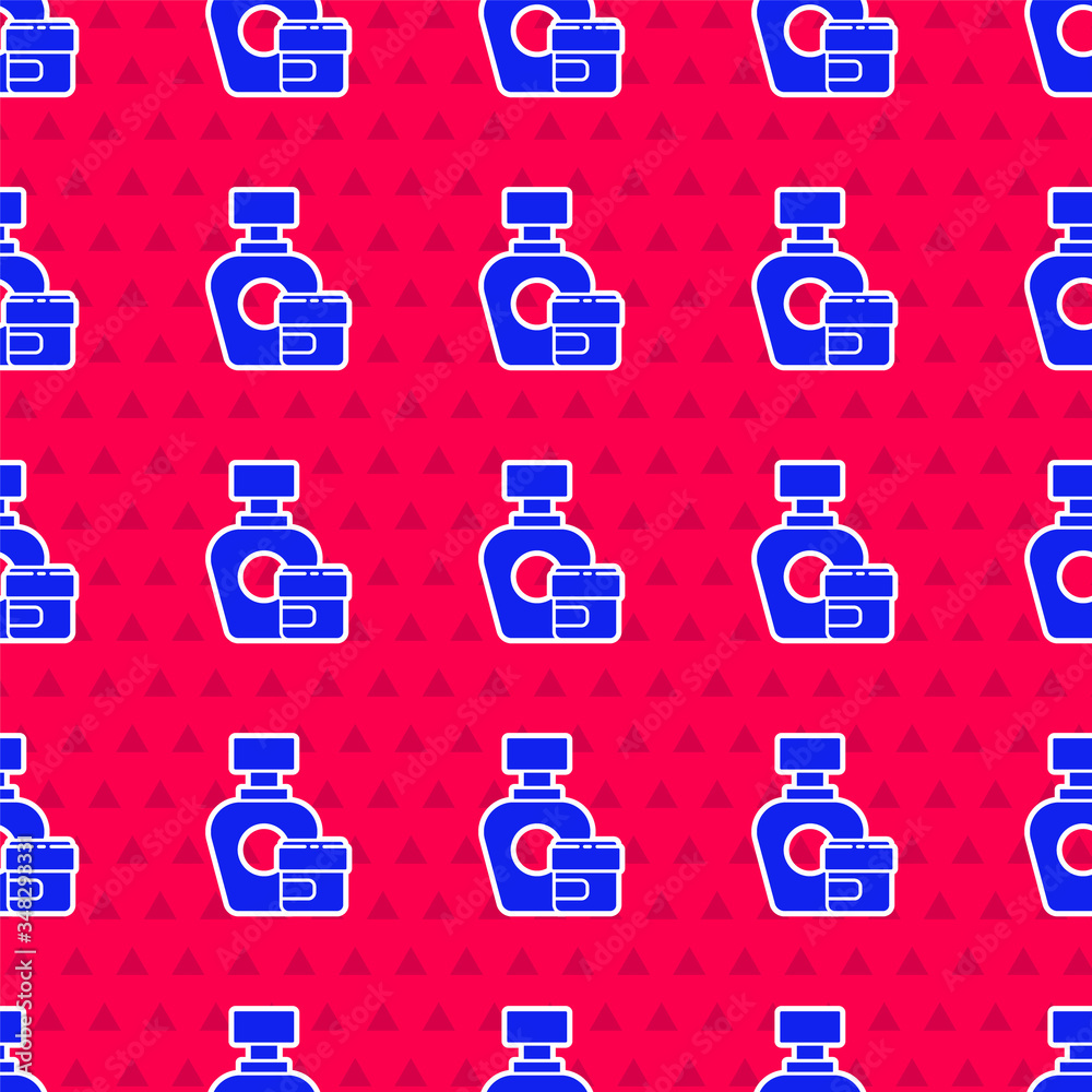 Blue Cream or lotion cosmetic tube icon isolated seamless pattern on red background. Body care produ